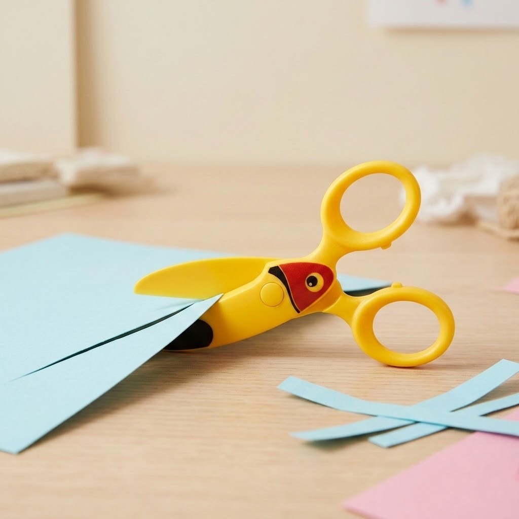 Yellow bird-design safety scissors shown cutting light blue paper on a wooden craft table beside paper strips.