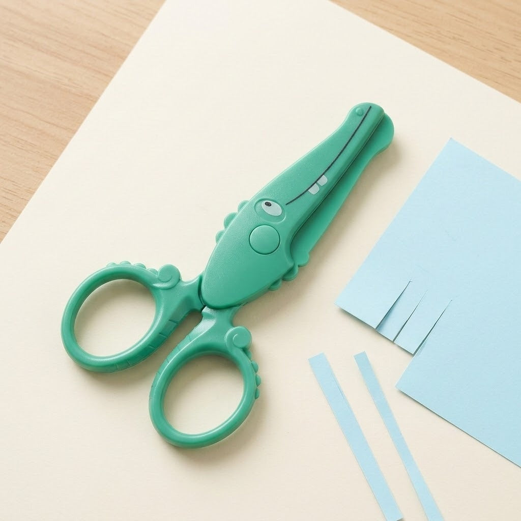 Green crocodile-design safety scissors rest on cream paper beside a partially cut blue sheet and narrow paper strips.