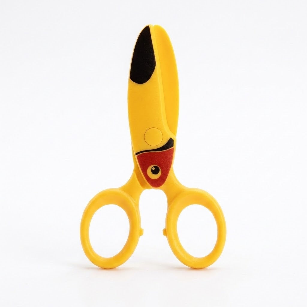 One pair of yellow safety scissors with red and black bird decoration stands upright against a white background.