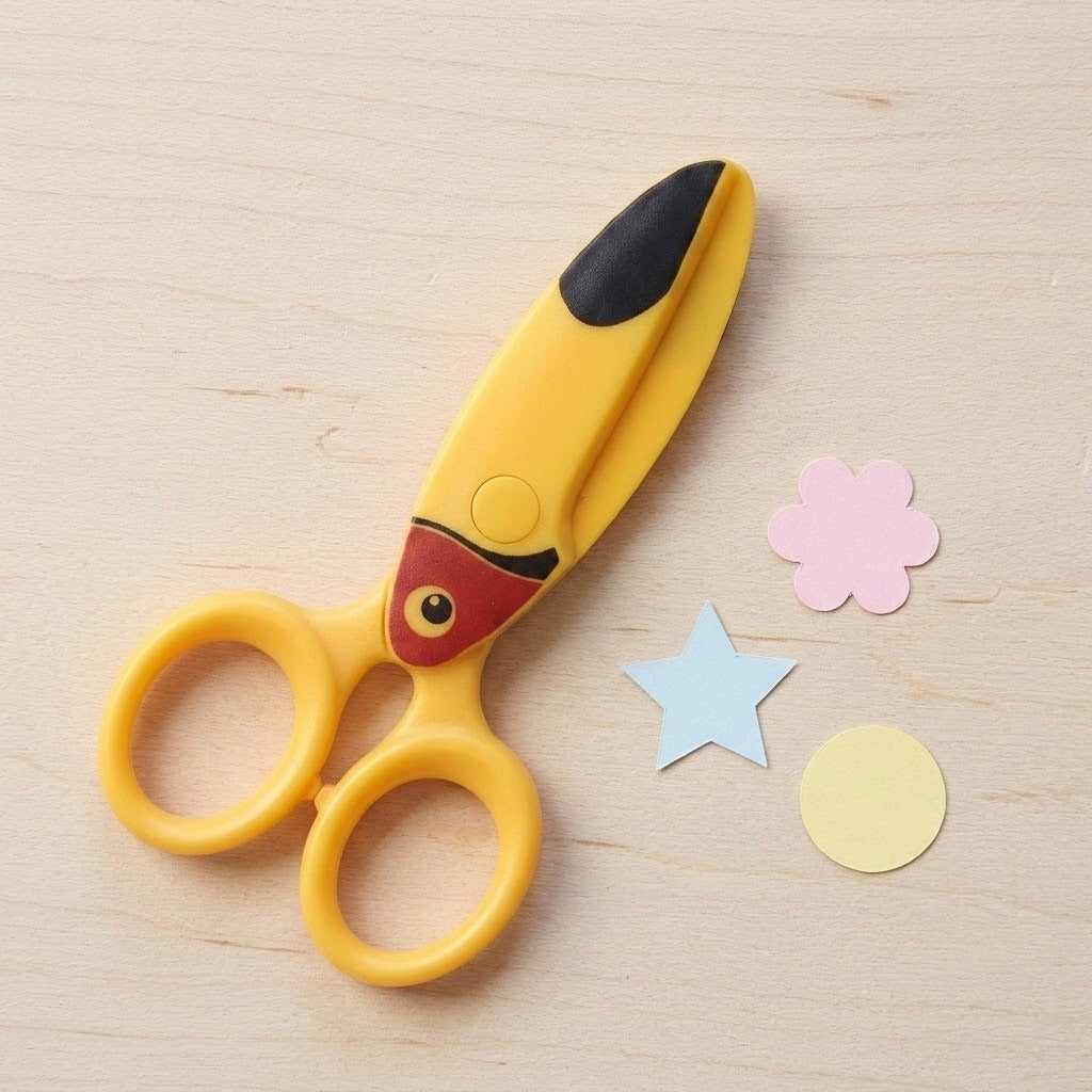Yellow bird-design safety scissors rest on a wooden table beside pastel paper cutouts shaped as a flower, star, and circle.