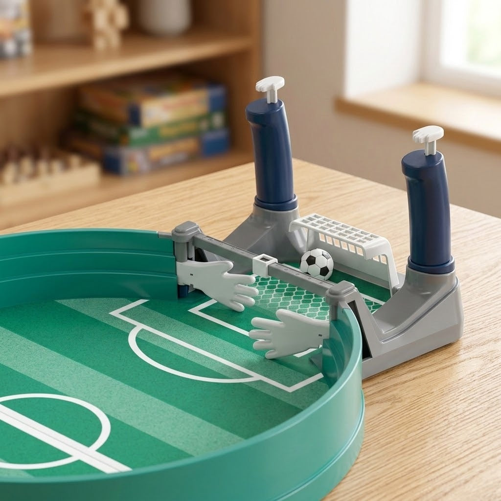 Green tabletop soccer game on a wooden table, showing a gray goal assembly, white goalkeeper hands, dark handles, and a ball.