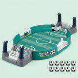 Teal tabletop soccer game with gray goals, a side scoreboard, and ten balls arranged beside it against a pale mint background.