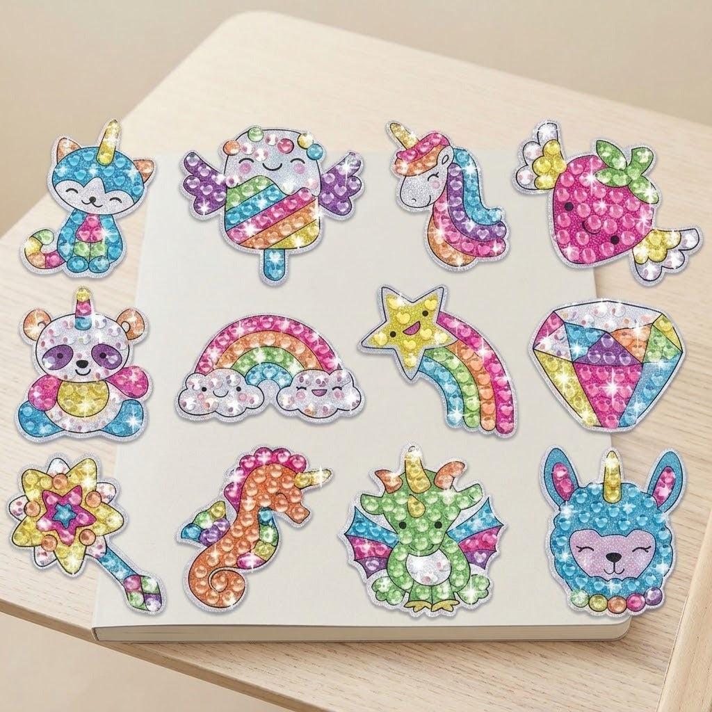 Diamond painting kit with twelve multicoloured gem stickers arranged on a cream notebook resting on a pale wooden surface.