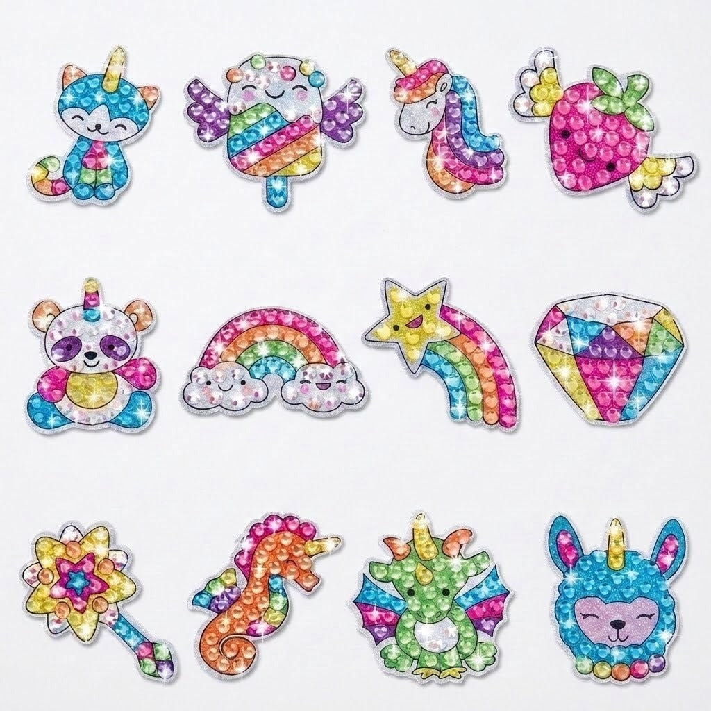 Diamond painting kit with twelve colourful unicorn-themed gem stickers arranged in three rows of four on a white background.