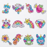 Diamond painting kit with twelve colourful unicorn-themed gem stickers arranged in three rows of four on a white background.