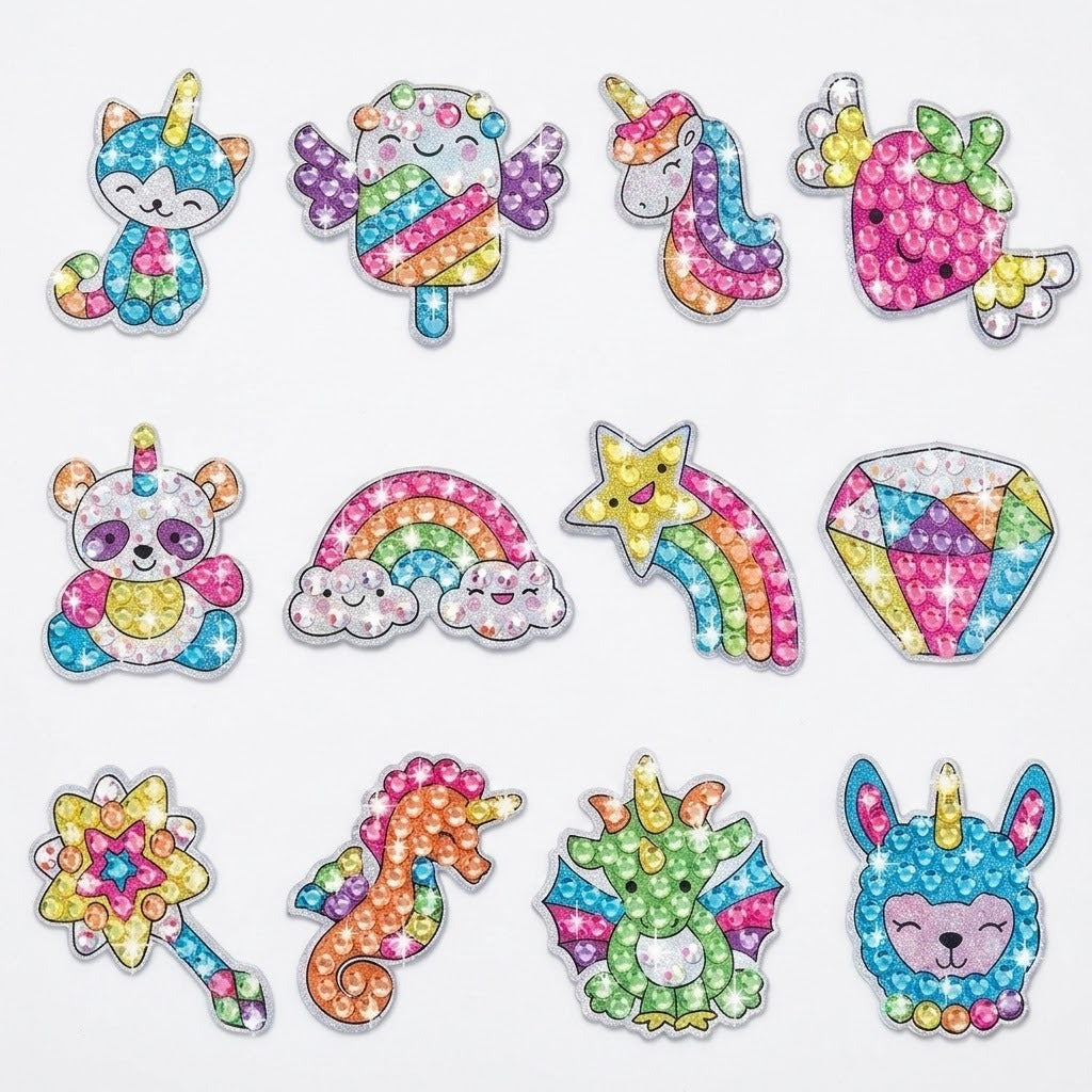 Diamond painting kit displaying twelve gem-covered stickers, including a unicorn, rainbow, panda and dragon, against a white background.