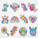 Diamond painting kit displaying twelve gem-covered stickers, including a unicorn, rainbow, panda and dragon, against a white background.