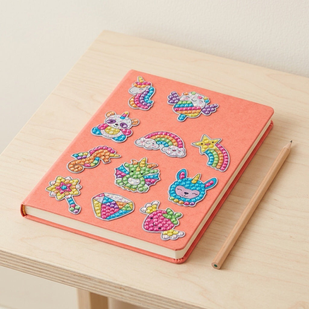 Diamond painting kit stickers decorate a coral notebook beside a wooden pencil on a pale wood table.