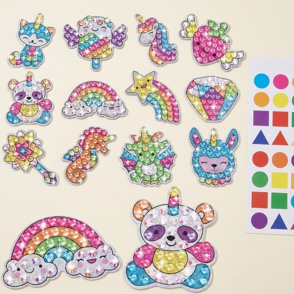 Diamond painting kit with colorful gem stickers, enlarged rainbow and panda details, and a geometric shape sheet on a cream background.