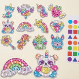 Diamond painting kit with colorful gem stickers, enlarged rainbow and panda details, and a geometric shape sheet on a cream background.