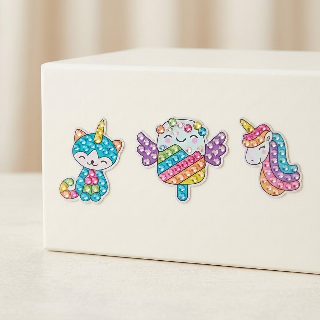 Diamond painting kit stickers depicting a horned cat, winged sweet and unicorn decorate a white box against a softly blurred cream background.