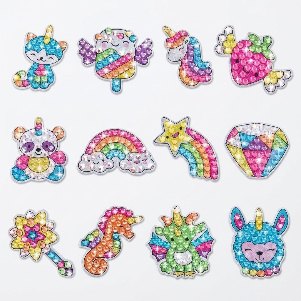 Diamond painting kit with twelve colorful gem stickers featuring unicorns, rainbows and fantasy characters arranged in three rows on white.