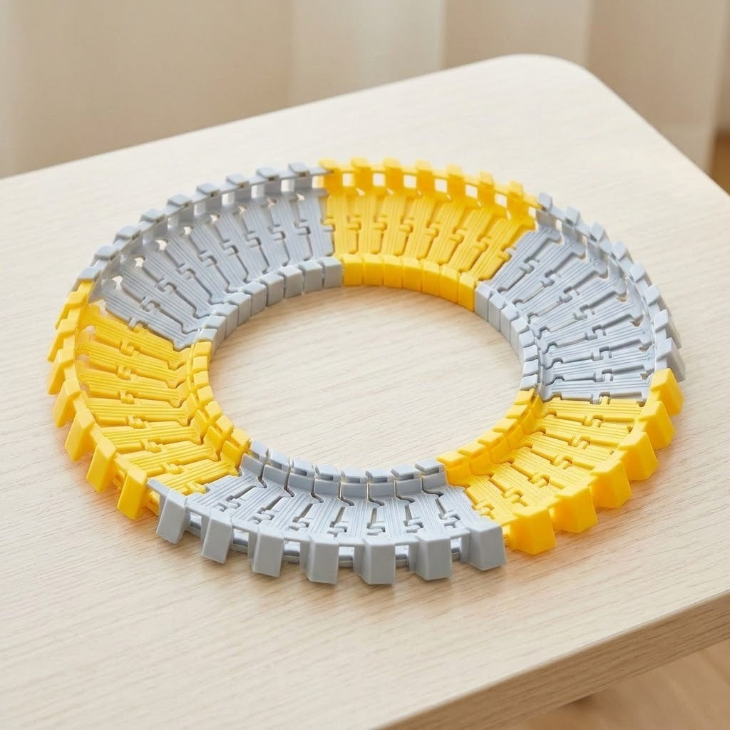 Yellow and gray plastic race track set forms a circular loop on a light wood tabletop against a beige background.