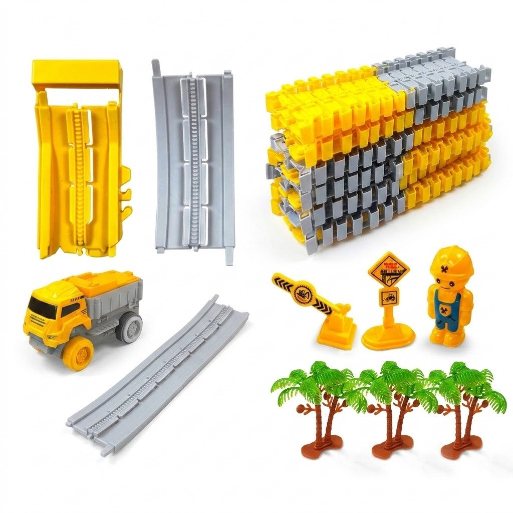 Race track set includes yellow and gray tracks, a dump truck, barrier, sign, worker figure, and three palm trees on white.