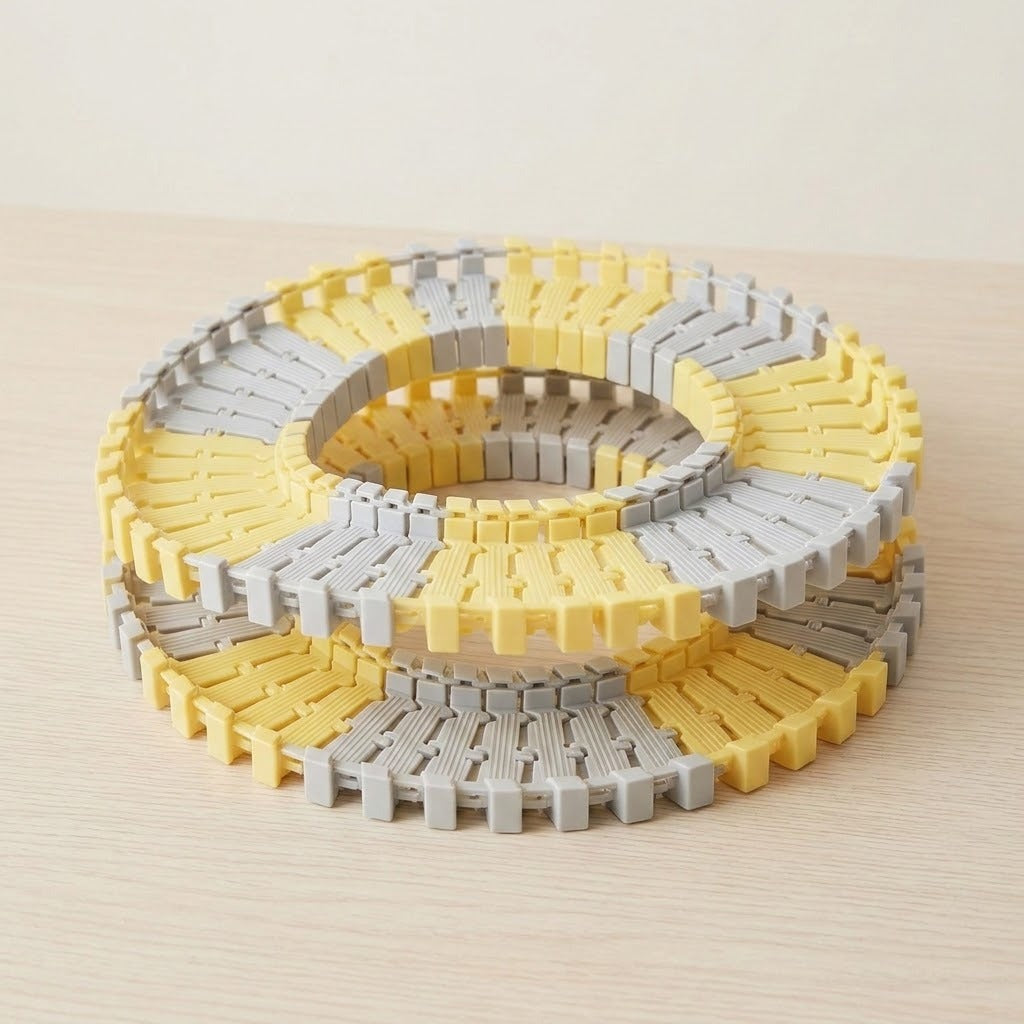 Yellow and gray plastic race track set coils into stacked loops on a light wood surface against a plain cream background.