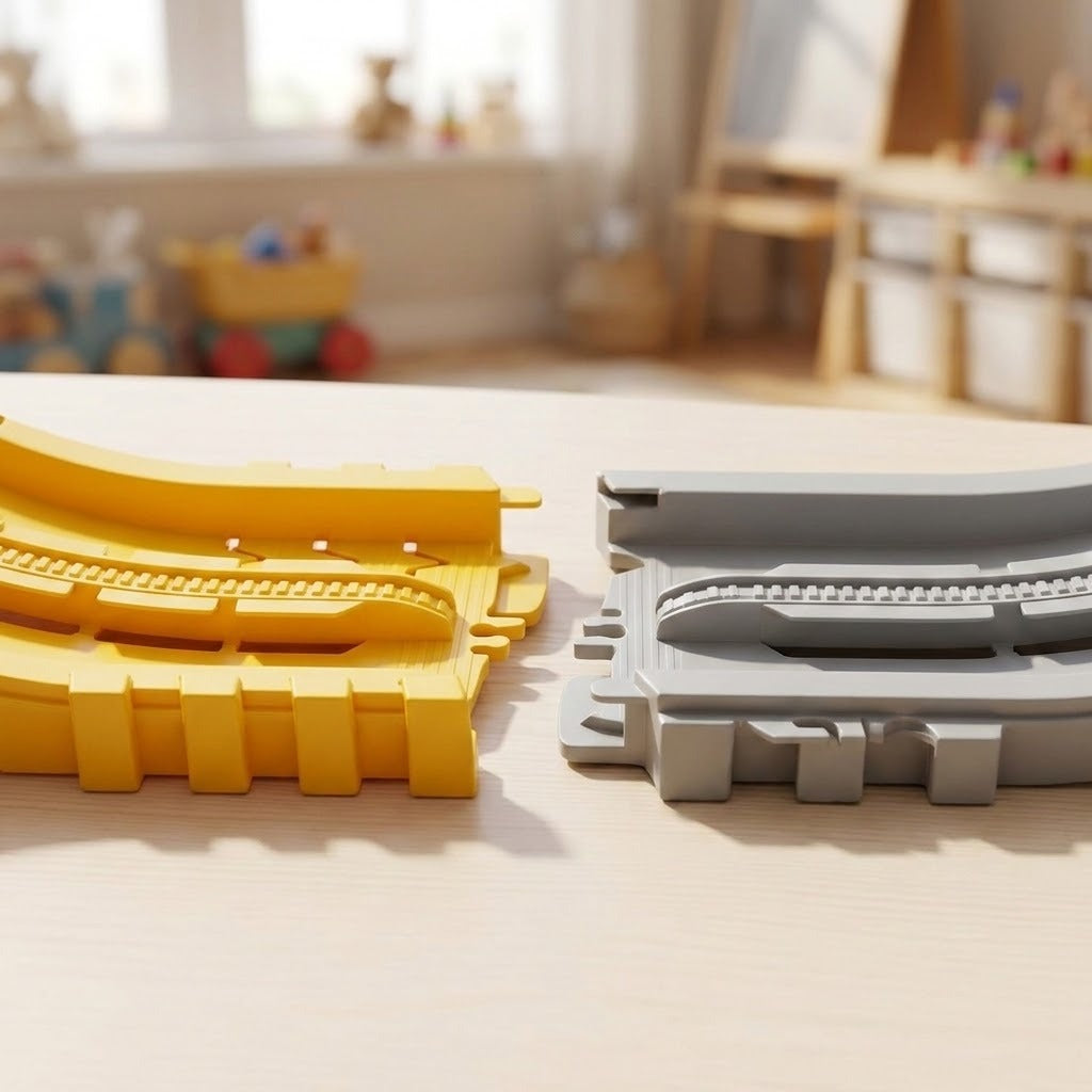 Yellow and gray plastic sections from the race track set sit apart on a wooden table with a blurred playroom background.