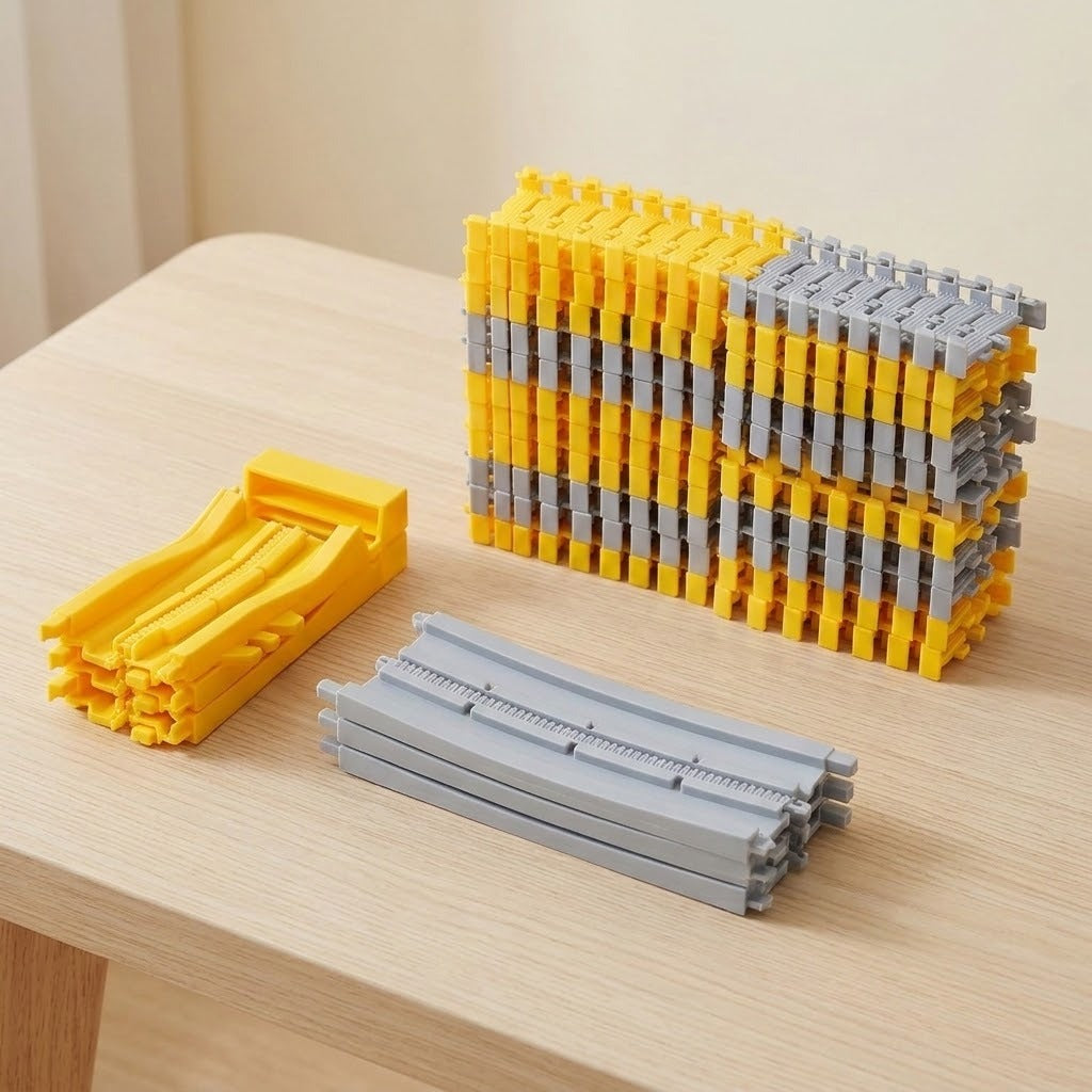 Yellow and gray plastic race track set pieces stacked beside separate curved and straight sections on a light wood table.