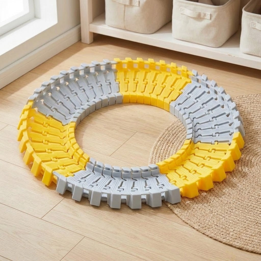 Yellow and gray plastic race track set assembled in a circular loop on a wood floor beside a woven rug.