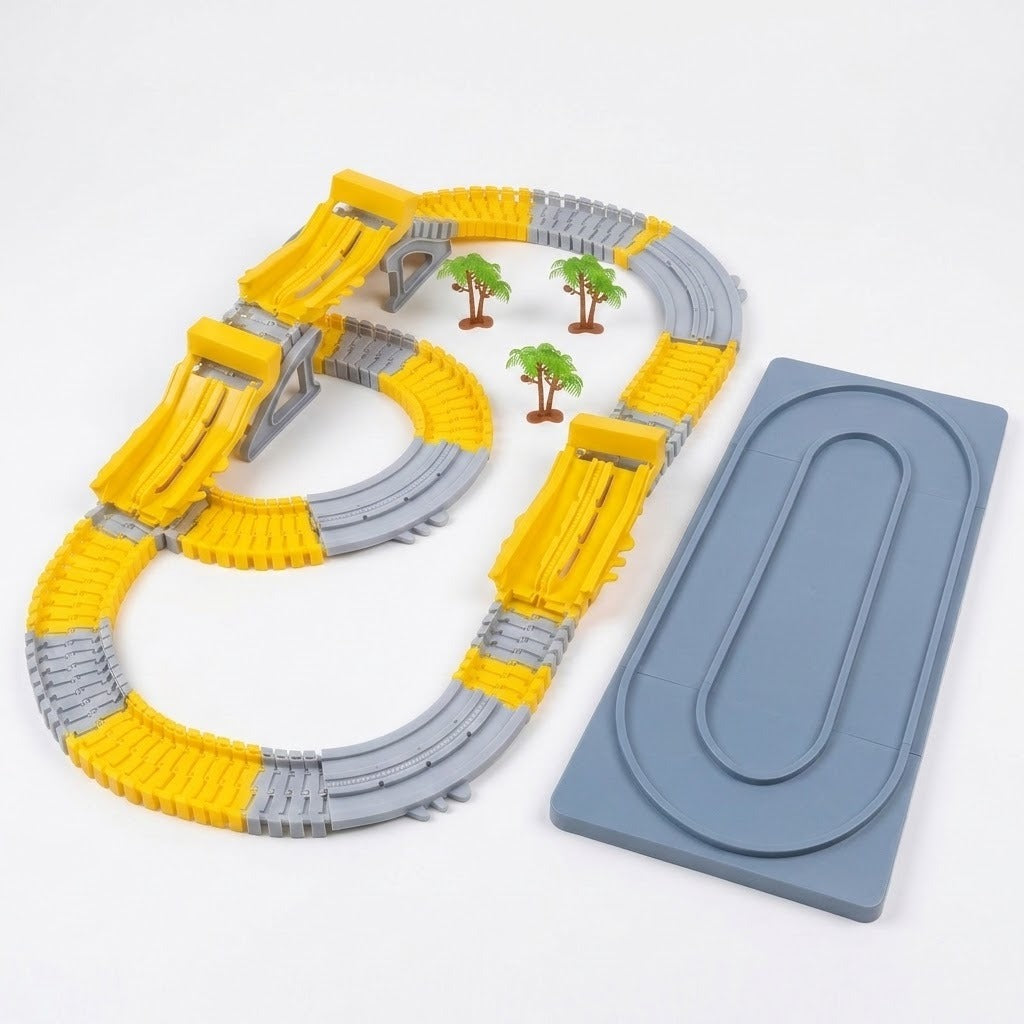 Yellow and gray race track set with raised ramps and palm trees beside a separate gray oval track on a white background.