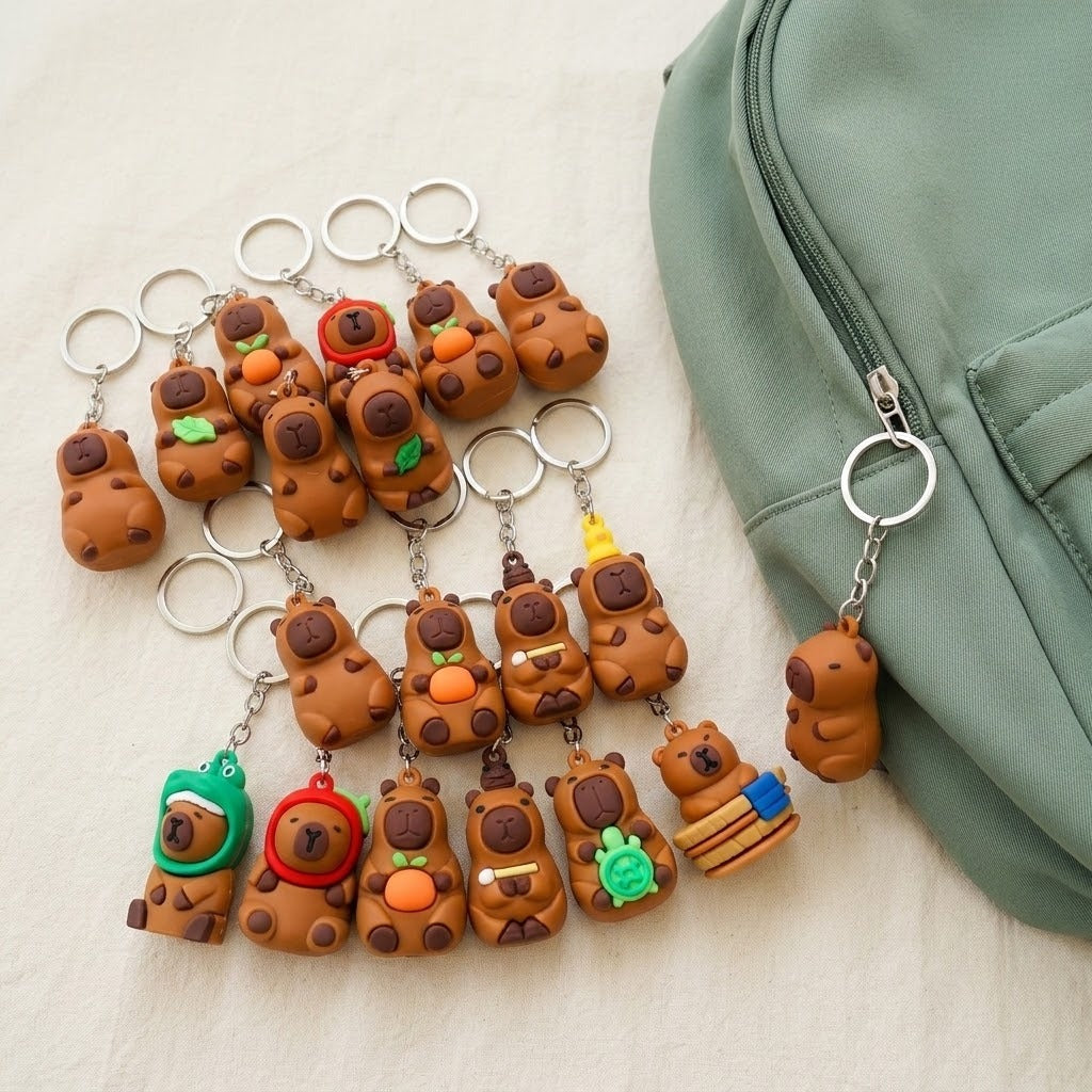 A set of cute capybara-shaped keychains with silver keyrings, displayed on a light beige fabric surface next to a sage green zippered pouch. The keychains feature various colorful accessories like a green hat, red scarf, orange carrot, and a burger.