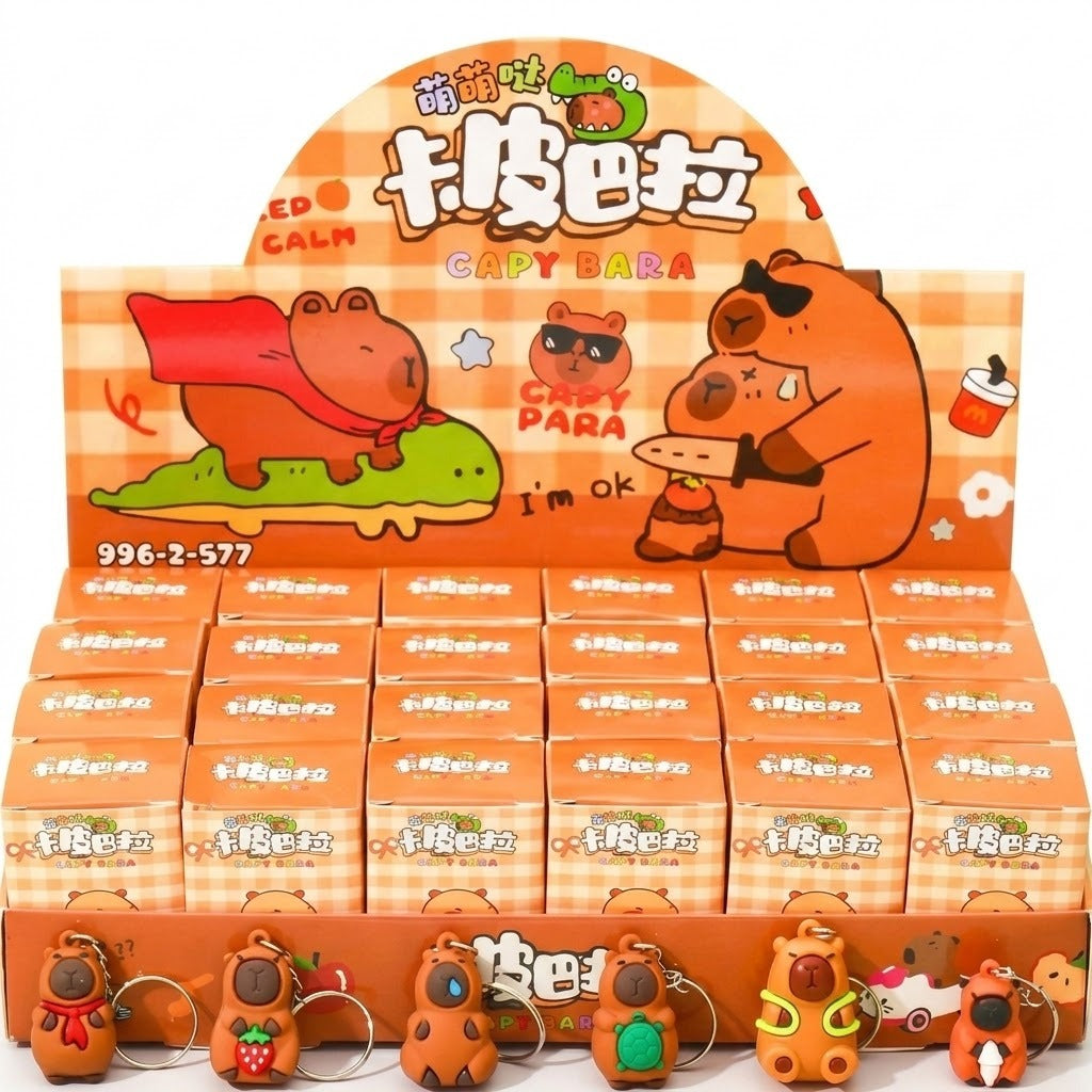A retail display box filled with small Capybara-themed keychain packs, with several Capybara keychains displayed in front. The packaging features a warm orange and beige gingham pattern with cartoon capybaras and Chinese text.