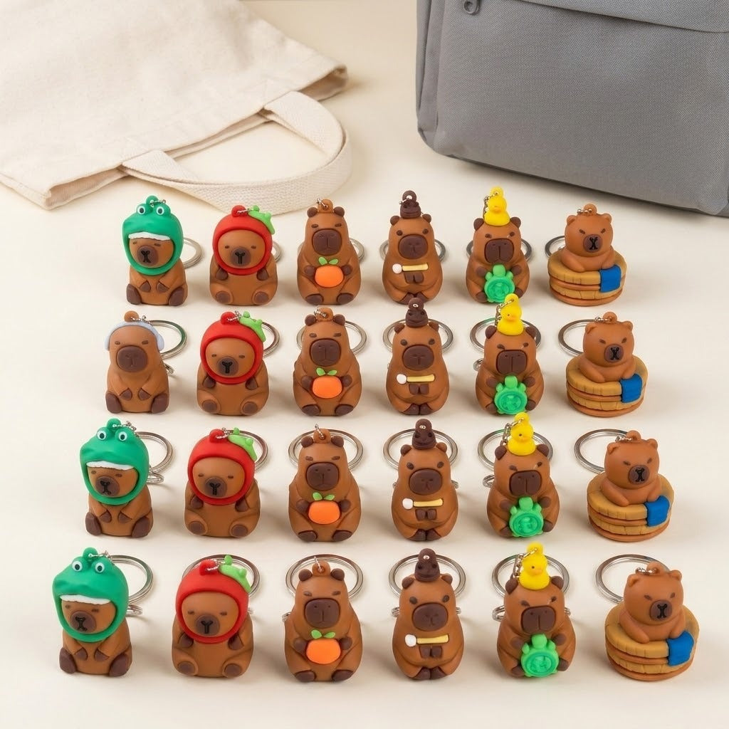 A set of small bear-shaped keychains arranged in rows on a light surface, with a cream tote bag and a gray pouch in the background. The keychains feature various cute character designs and accessories in brown, green, red, yellow, orange, and blue.