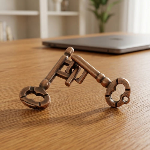 Bronze-toned metal brain teaser puzzle with two interlocking key-shaped pieces on a wooden desk beside a closed laptop.