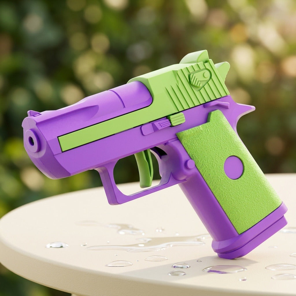 A purple-and-lime-green water gun stands on a pale round tabletop dotted with water droplets against blurred garden greenery.
