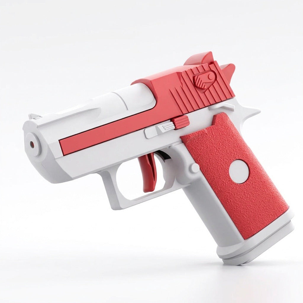 A red-and-white water gun with a textured red grip and curved red trigger stands against a plain white background.