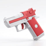 A red-and-white water gun with a textured red grip and curved red trigger stands against a plain white background.