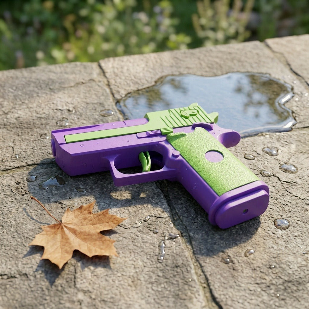 A purple-and-lime-green water gun lies on wet stone paving beside a brown leaf and a puddle.