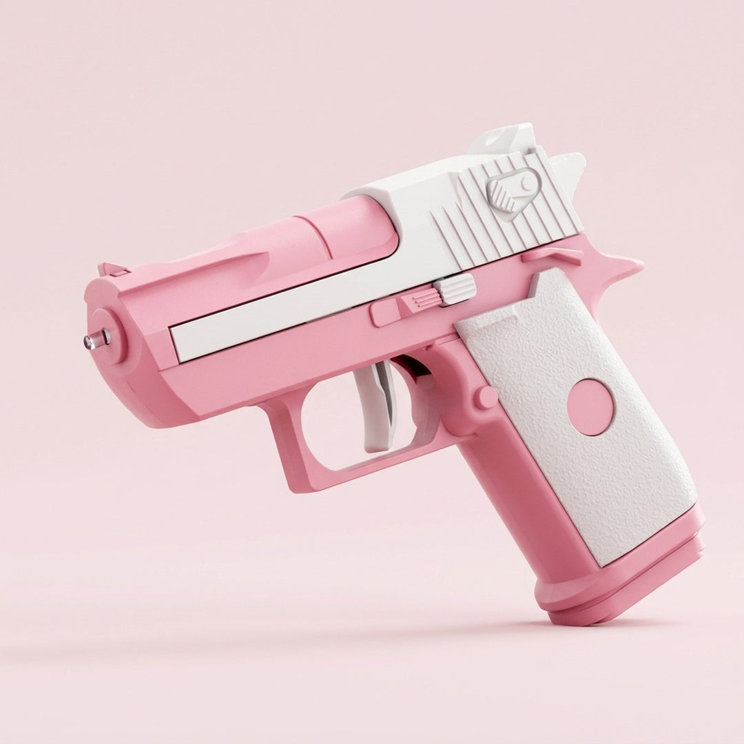 Pink and white water gun with a textured white grip and white trigger points left against a pale pink background.