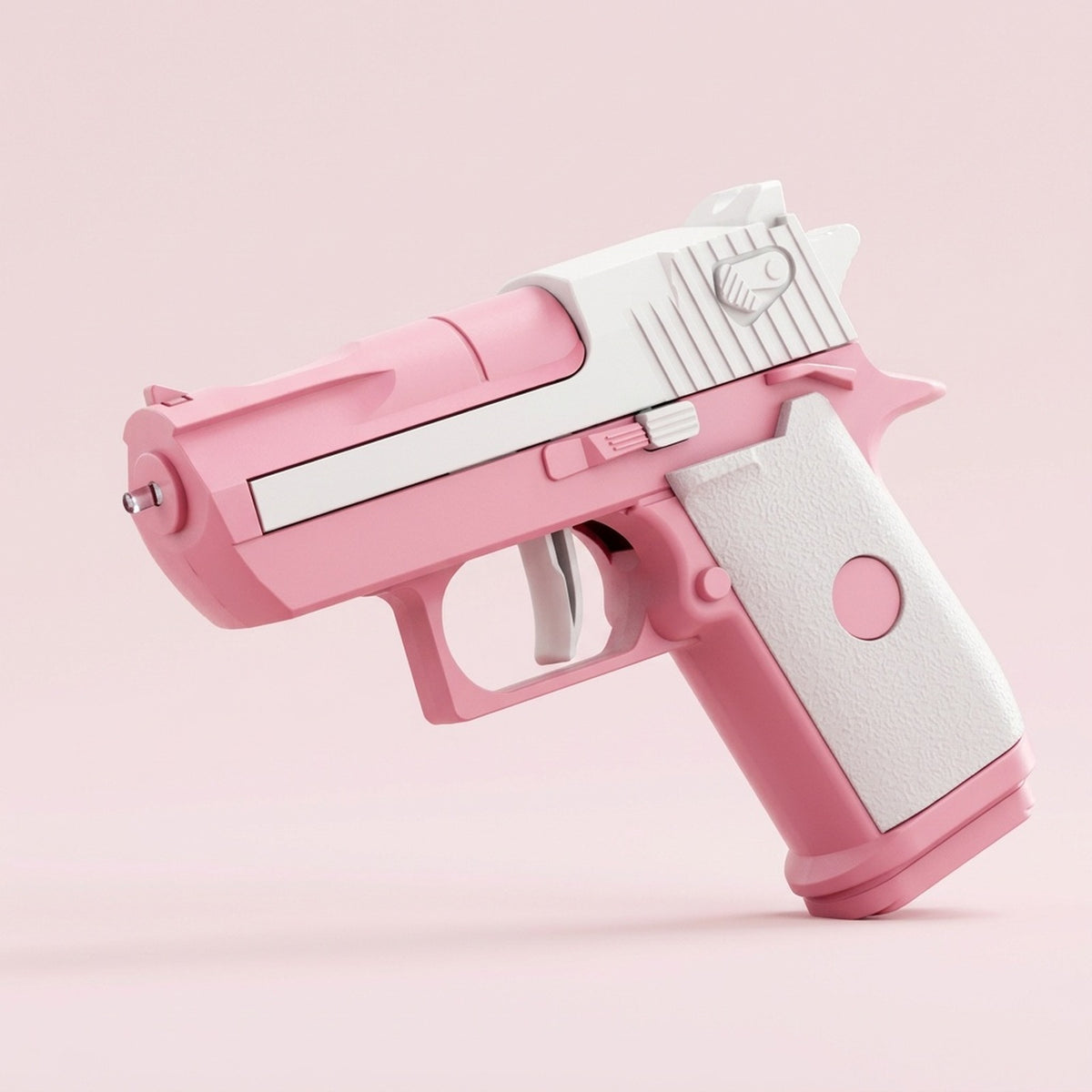 Pink and white water gun with a textured white grip and white trigger points left against a pale pink background.