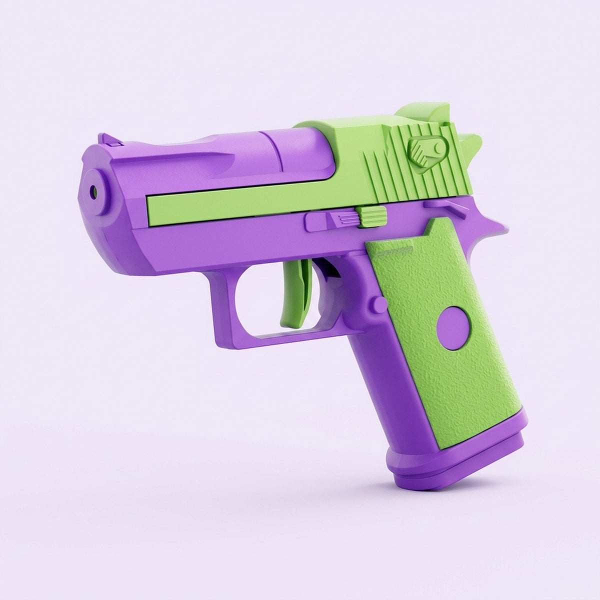 Purple and lime green water gun with a textured green grip points left against a pale lavender background.