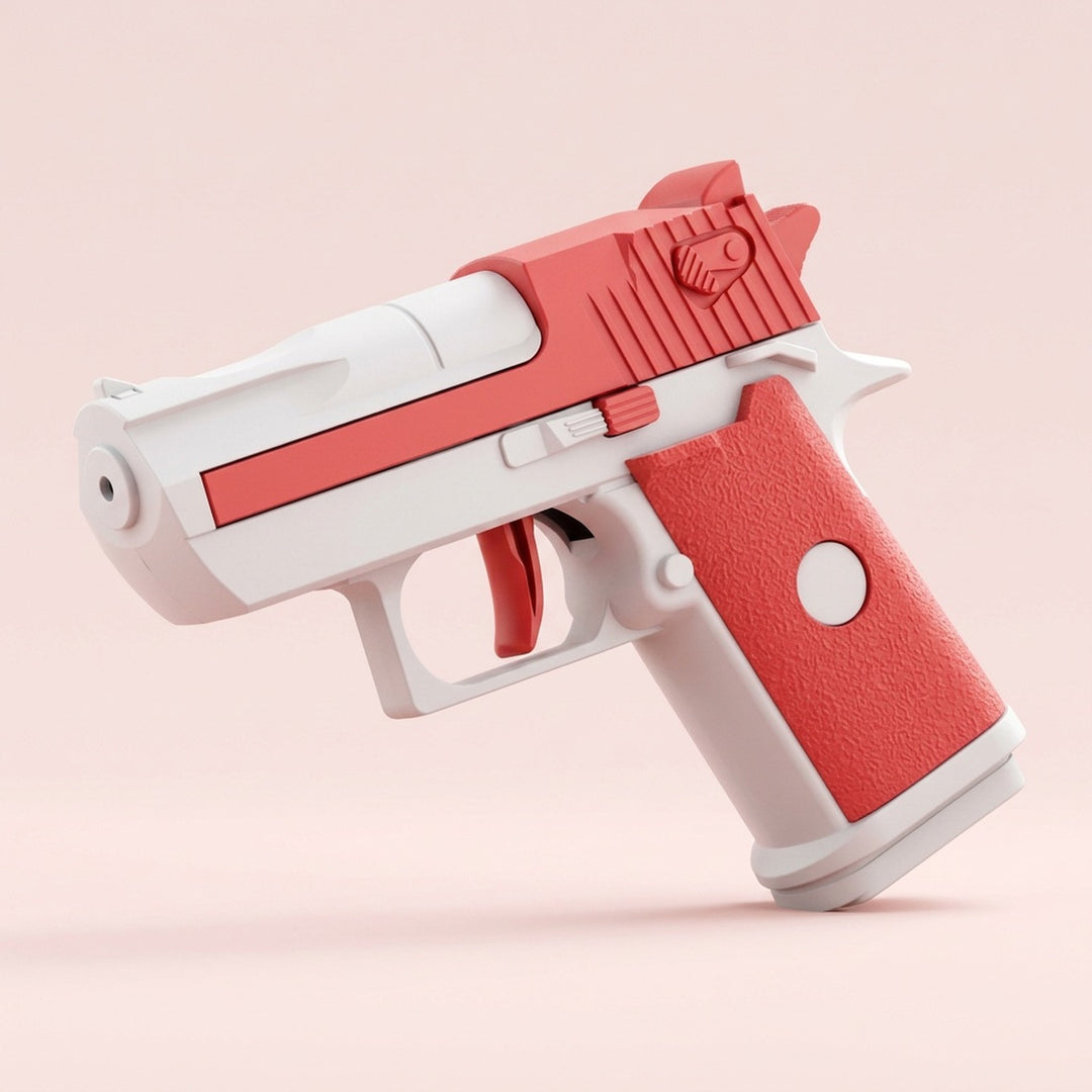Red and white water gun with a textured red grip points left against a pale pink background.