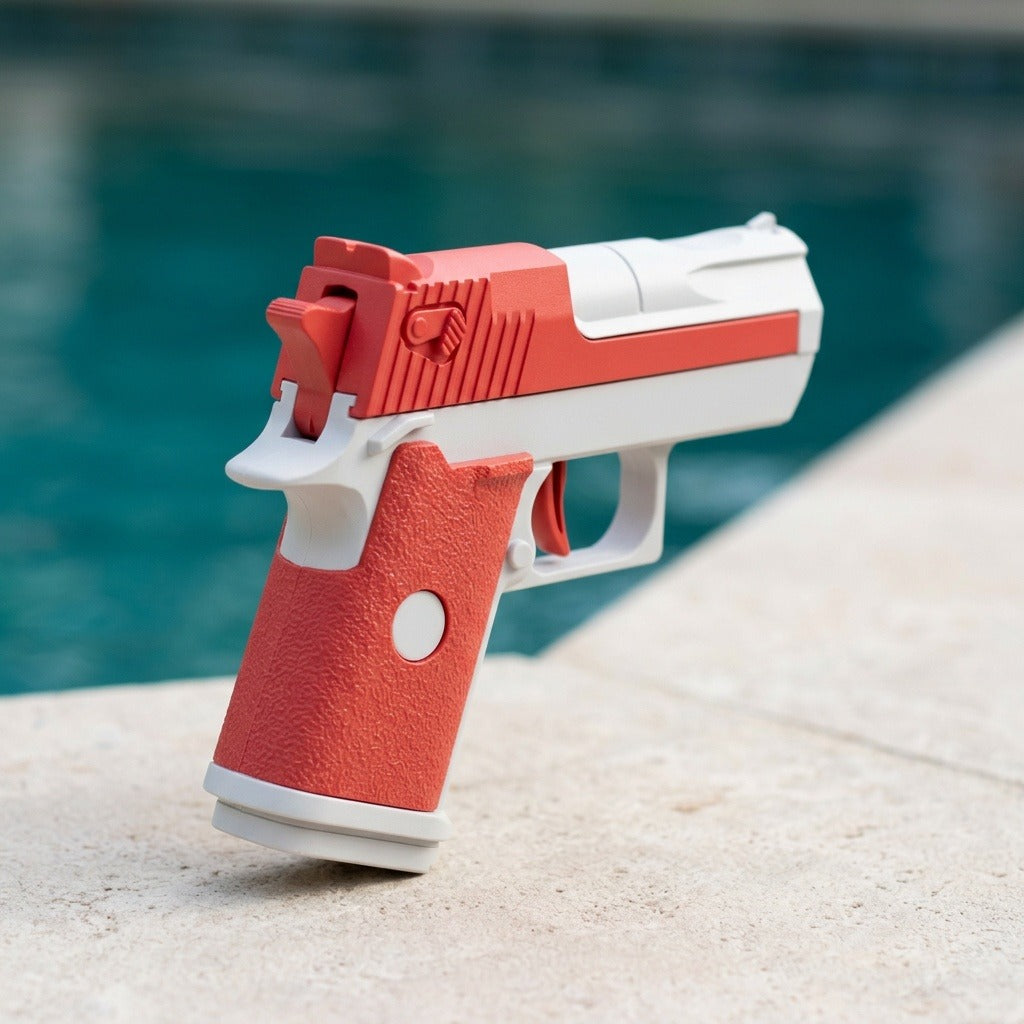 Red and white water gun viewed from behind, standing on pale stone beside a blue swimming pool.