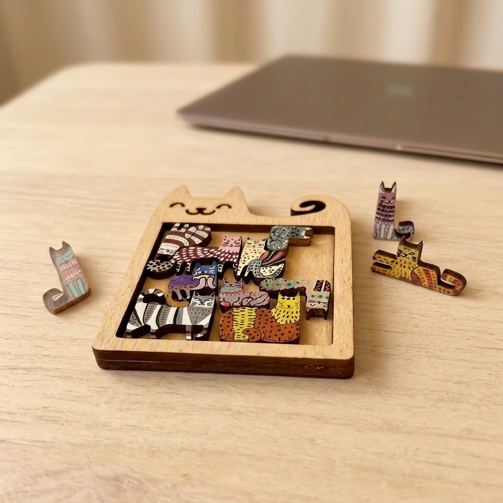 A partially assembled wooden jigsaw puzzle with colourful cat pieces rests on a light desk beside loose pieces and a closed laptop.