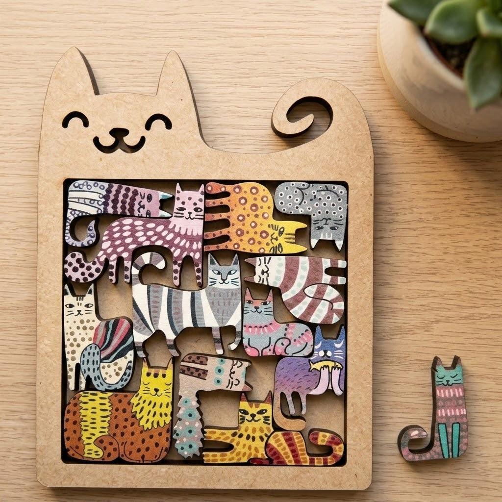 A wooden jigsaw puzzle with colourful cat pieces sits in a cat-shaped frame on a wooden table beside a succulent and loose piece.