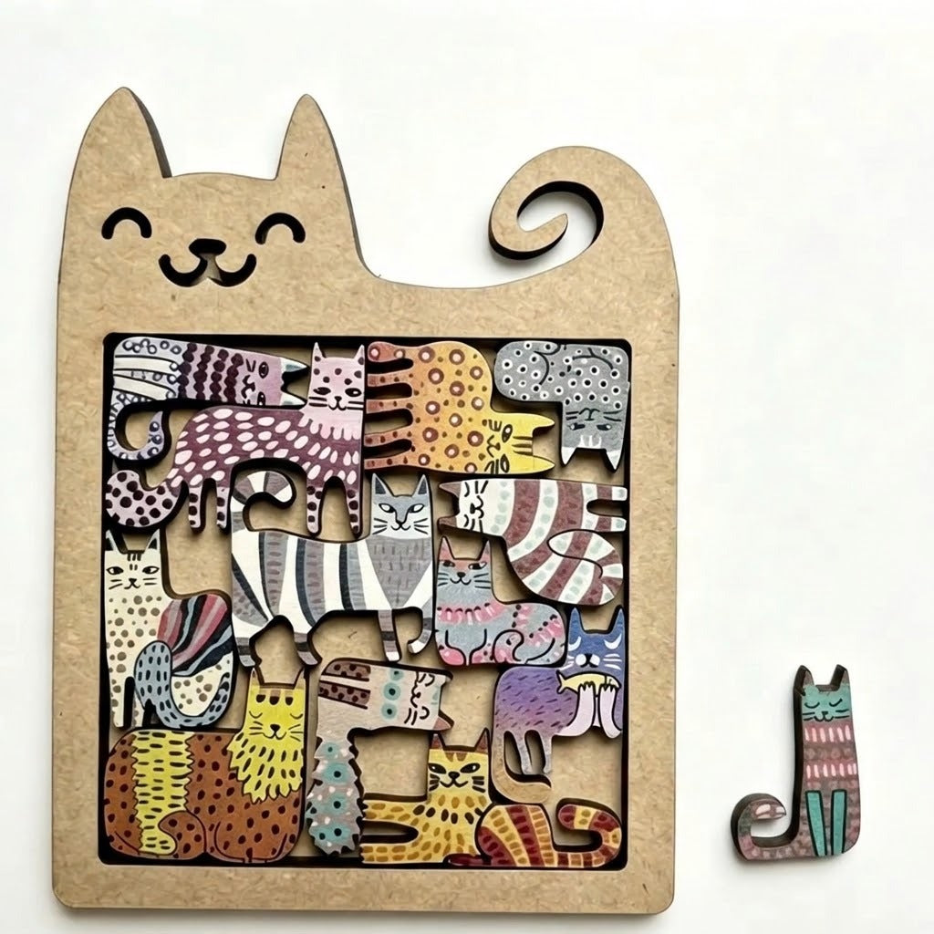 A wooden jigsaw puzzle with colourful cat pieces sits in a natural brown cat-shaped frame beside one loose piece on a white background.