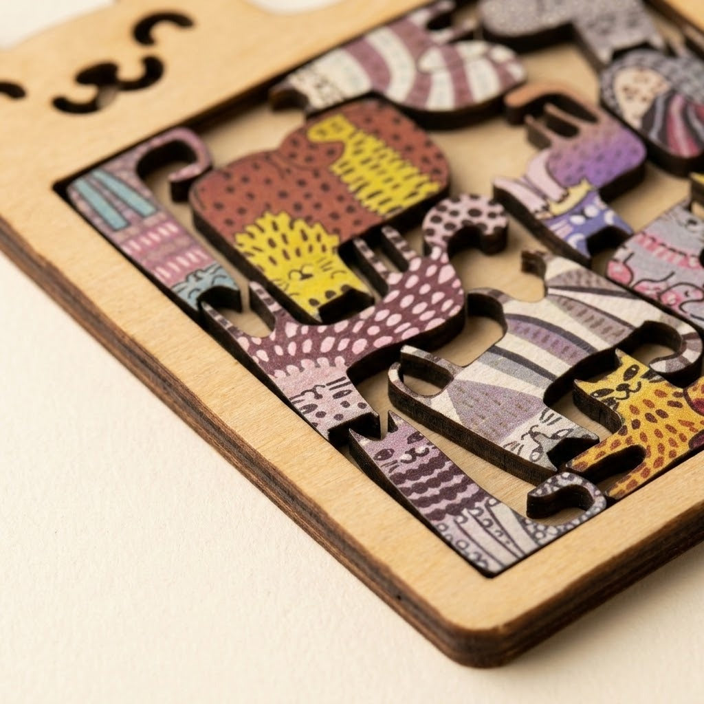 A close-up of the wooden jigsaw puzzle shows colourful patterned cat pieces, dark cut edges, and a layered wooden frame.