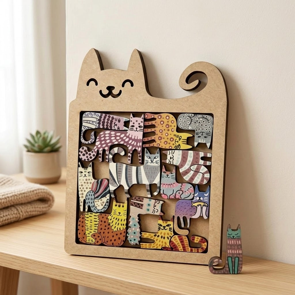 A wooden jigsaw puzzle with colourful cat pieces stands against a pale wall on a wooden table beside a loose piece and succulent.