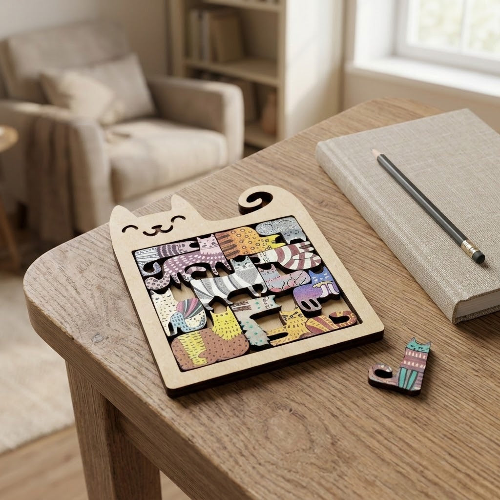 Wooden cat-shaped jigsaw puzzle rests on a wooden table beside a notebook, pencil, and loose patterned piece in a living room.