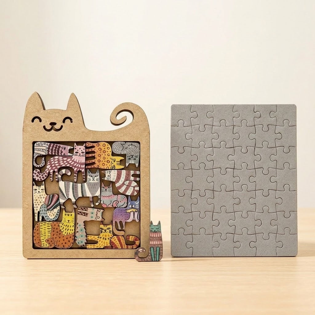 A wooden cat-shaped puzzle with colorful cat pieces stands beside a gray rectangular jigsaw on a light wooden surface against a cream background.