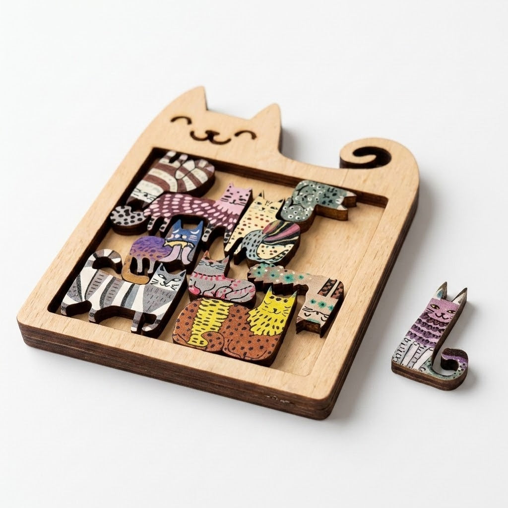 Wooden cat-shaped jigsaw puzzle holds colourful patterned cat pieces, with a purple cat piece lying beside the tray on a white background.