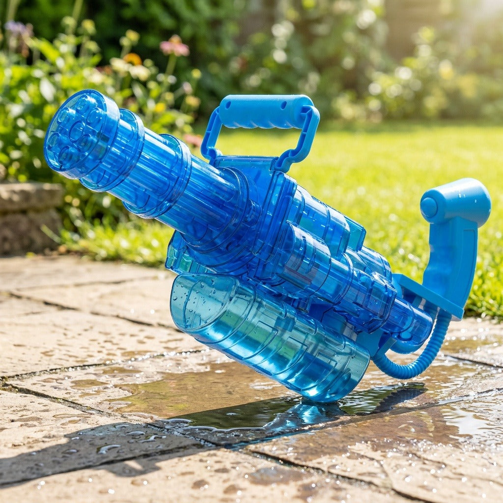 A transparent blue electric water gun with a top handle and lower reservoir rests on wet stone paving in a sunny garden.