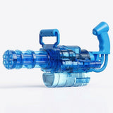 A transparent blue electric water gun with a top handle, rear grip, and lower reservoir is displayed against a white background.