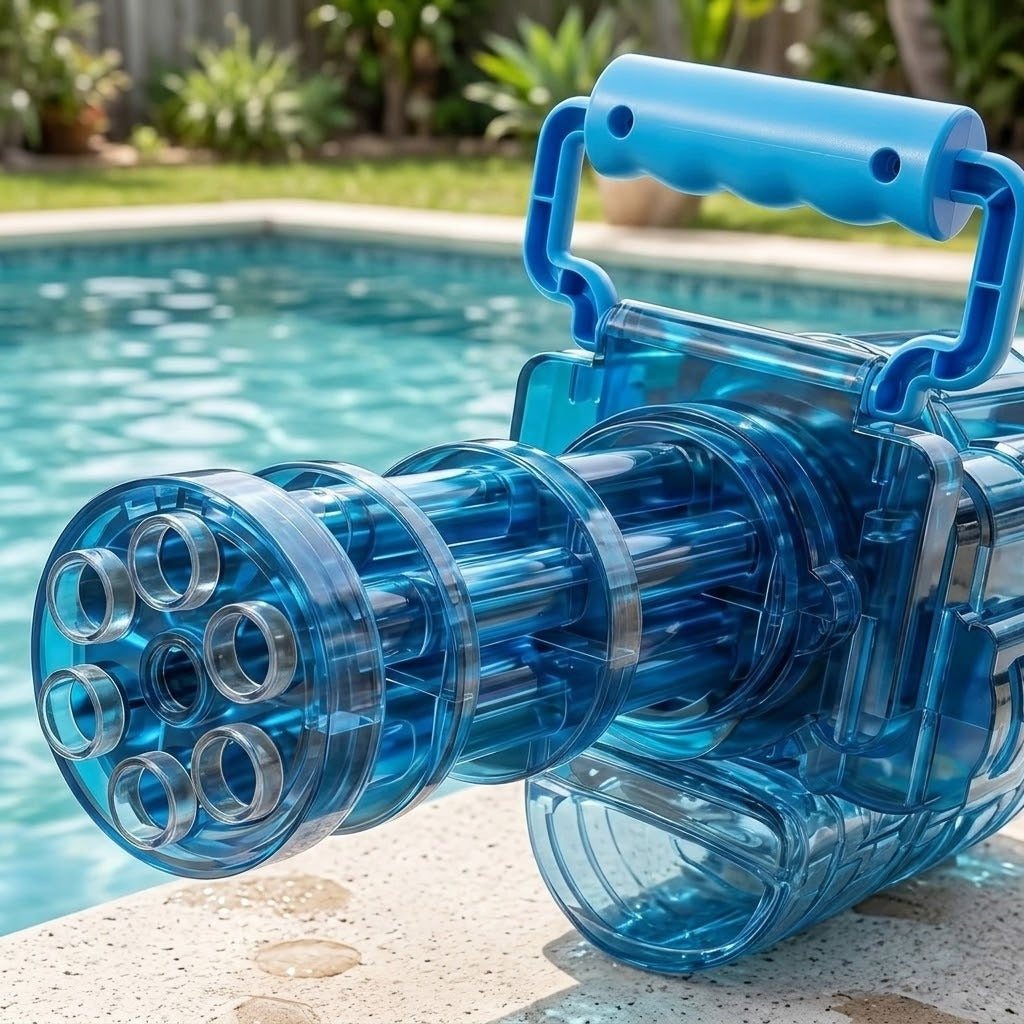 A transparent blue electric water gun sits beside a swimming pool, showing its circular barrel openings and top handle in close-up.