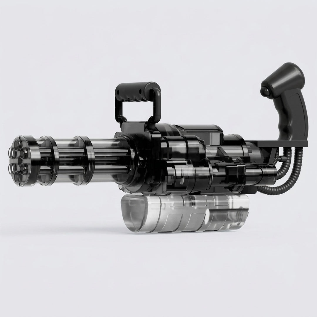 A transparent black electric water gun with black handles and a clear lower reservoir stands against a light grey background.