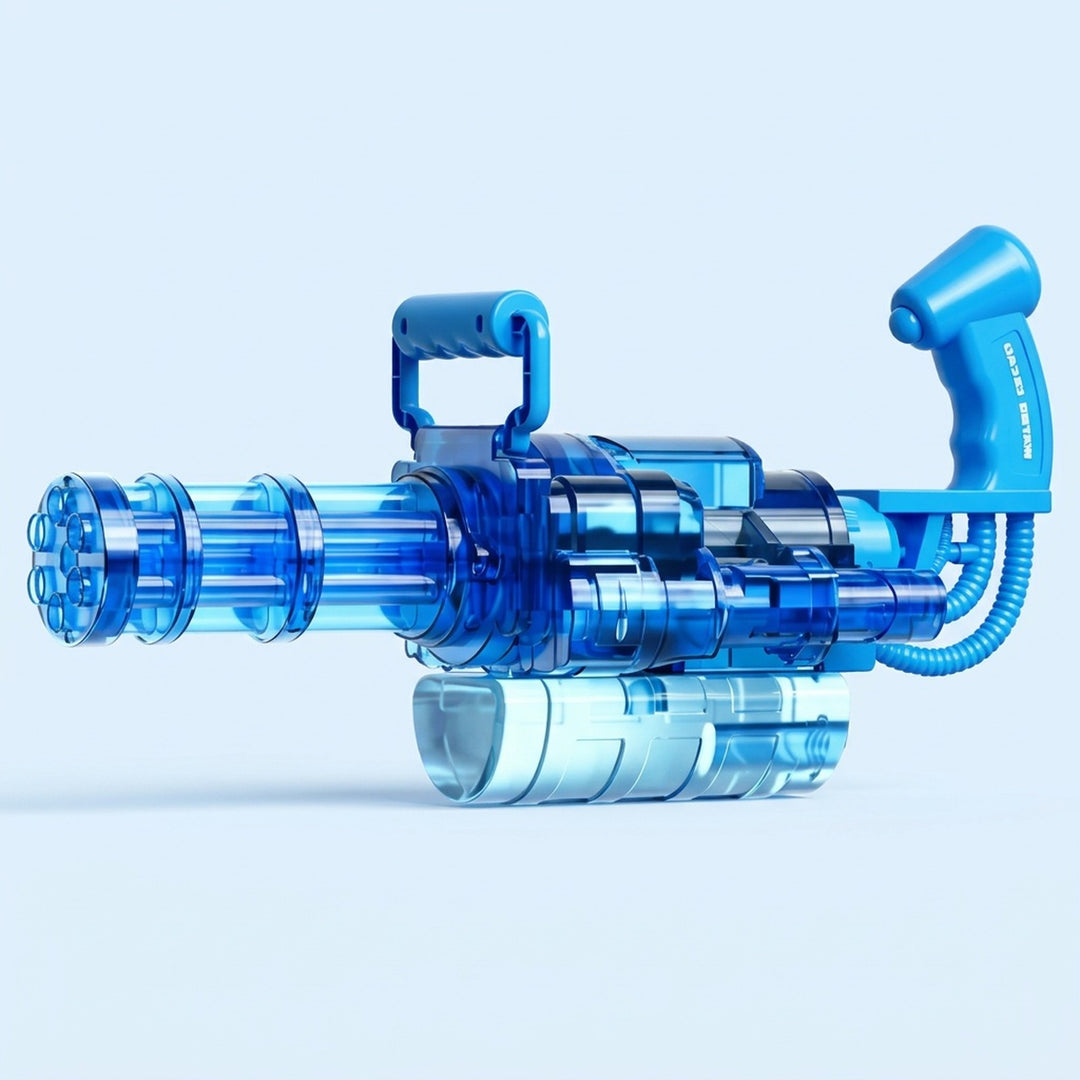 A transparent blue electric water gun with blue handles and a clear lower reservoir stands against a pale blue background.