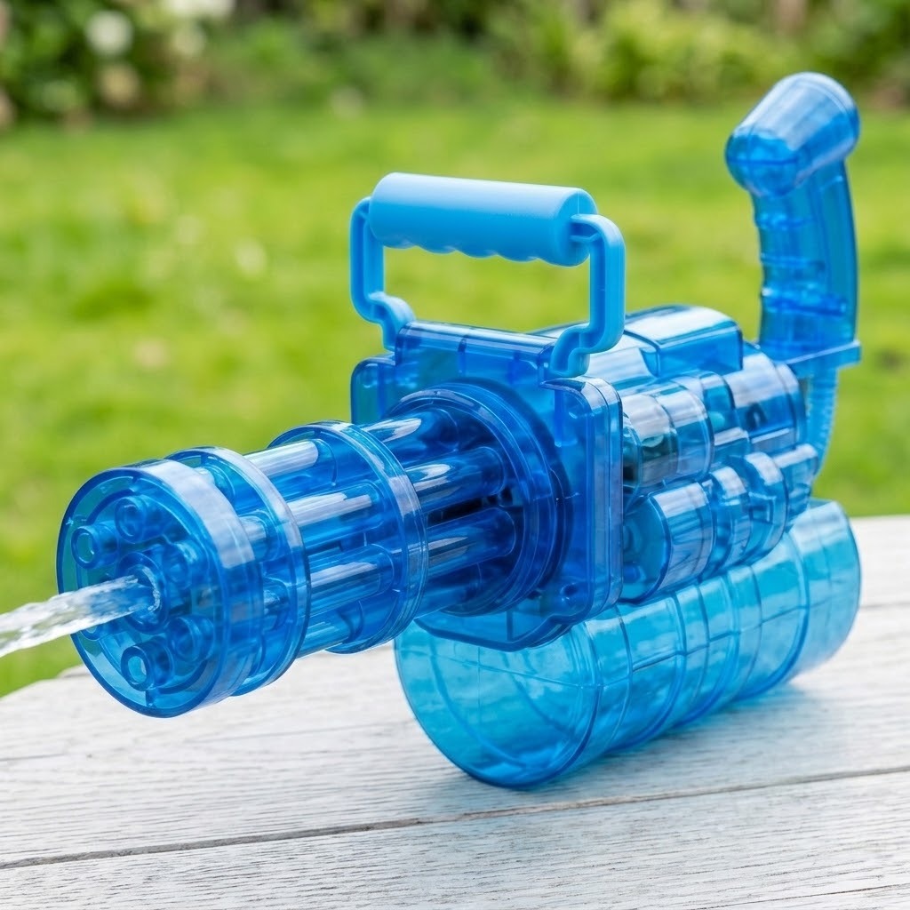 A transparent blue electric water gun sprays water from its central nozzle while resting on a pale wooden table beside a lawn.